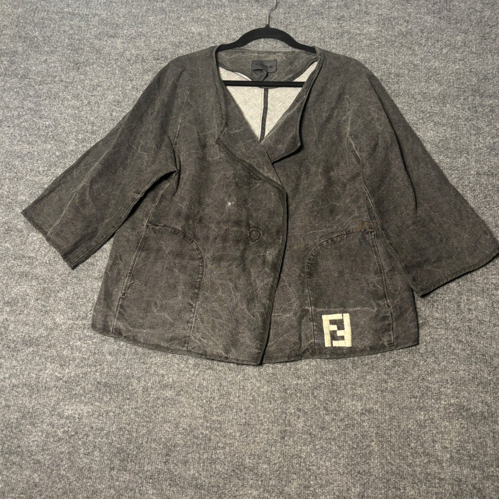 Oska Linen 2-Button Jacket Womens Size 2 Charcoal Gray Textured Lagenlook Jacket
